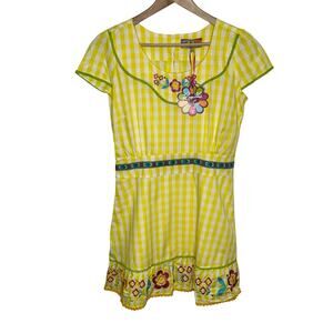Rosalita McGee Womens Dress L Yellow Gingham Floral Embroidered Cotton Colorful